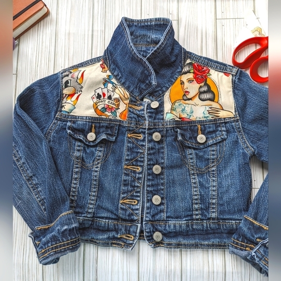 Tattoo Flash Forever Custom Made Denim Jean Jacket in Blue and Cream Size 6 - Picture 1 of 9